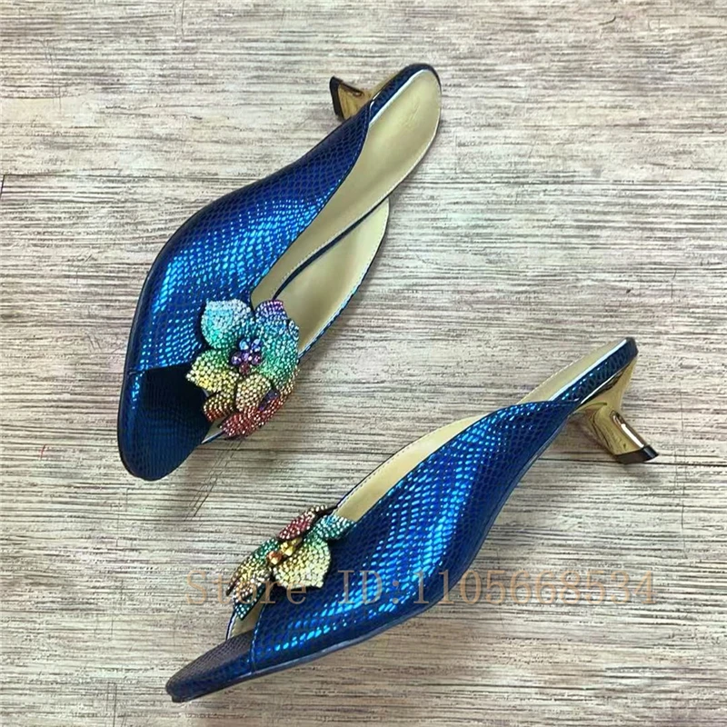 Sparkly Rainbow Rhinestone Floral Mules for Women Luxury Design Peep Toe Metal Kitten Heel Sparkly Evening Party Sandals