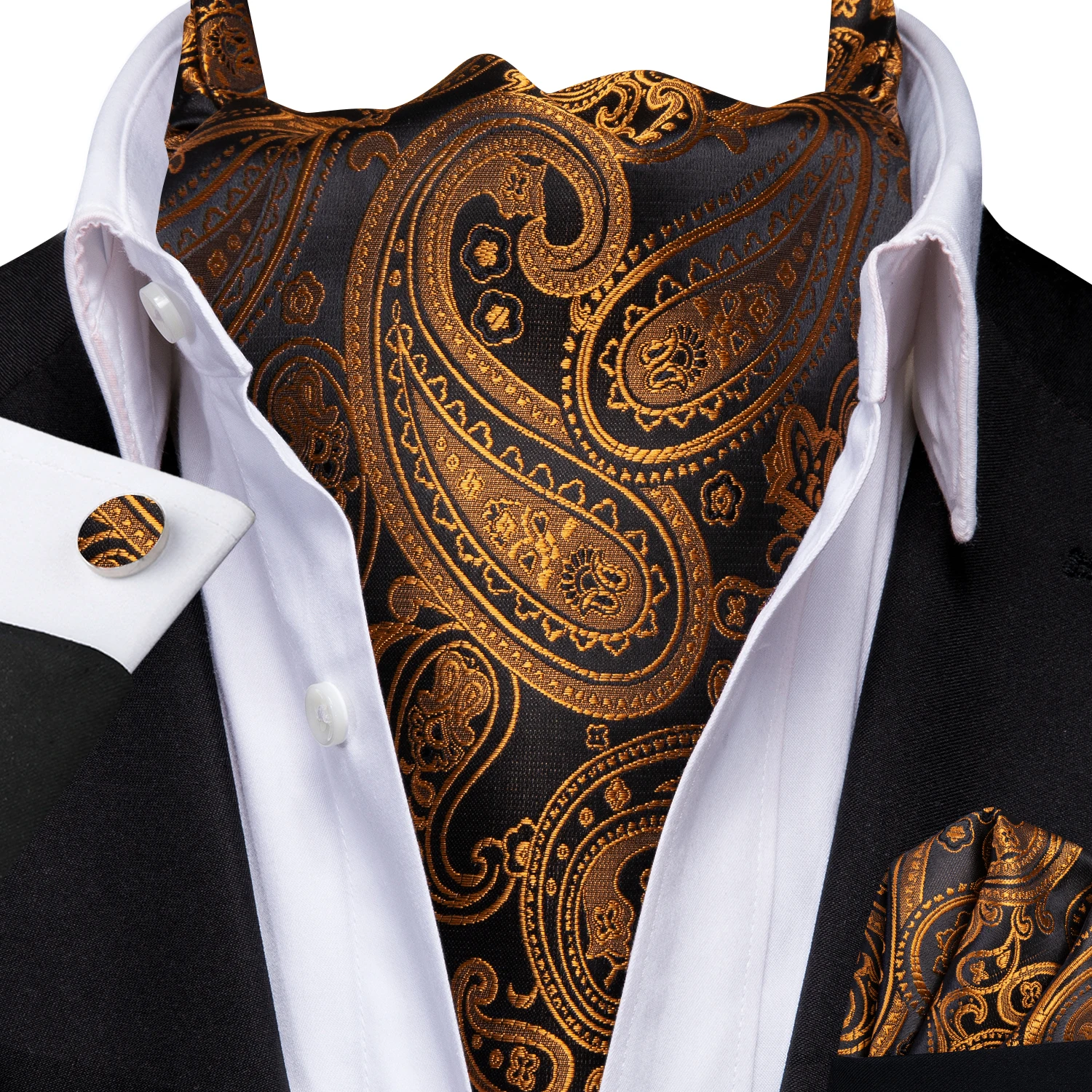 Barry.Wang Fashion Men Ascot Paisley Floral Golden Orange Red Cravat Tie Scrunch Self British Set Formal Wedding Party