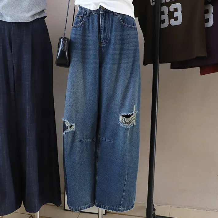 

Deep Blue High Waist Wide Leg Knife Jeans Women's Spring Summer New Sle Personali Hole Cotton Stretch Denim Pants