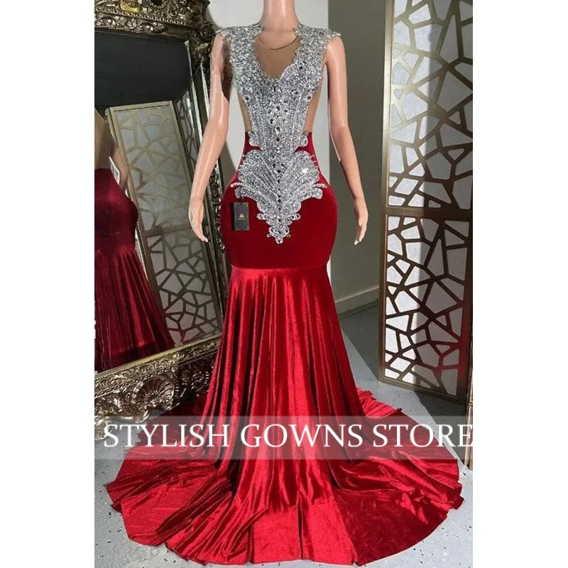 

Stylish Red Long Prom Dresses For Black Girls 2026 Beaded Rhinestone Diamond African Wedding Party Dress robes Customized
