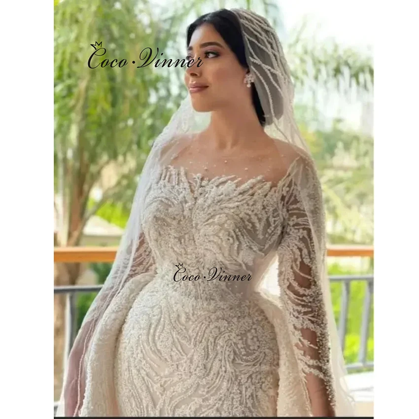 فستان زفاف عربي سعودي مخصص 2 في 1 تصميم لؤلؤ صغير مطرز دانتيل حورية البحر فساتين زفاف مع ذيل Dechabel W1402