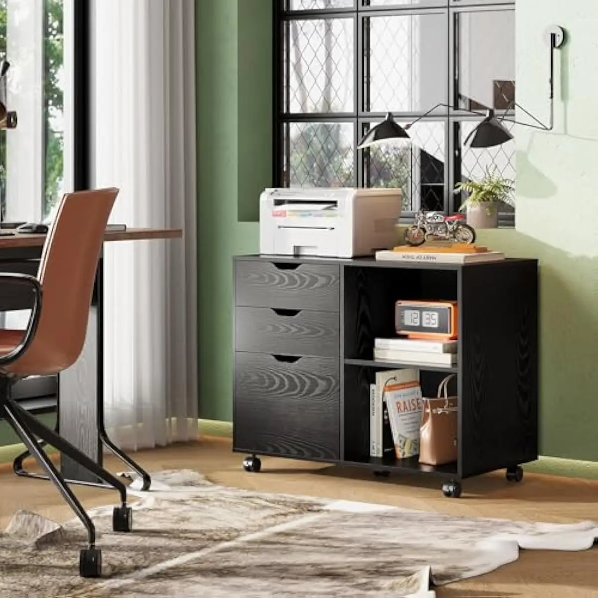 Three-drawer lateral filing cabinet with open shelving, mobile casters and locking front wheels, engineered wood construction, w