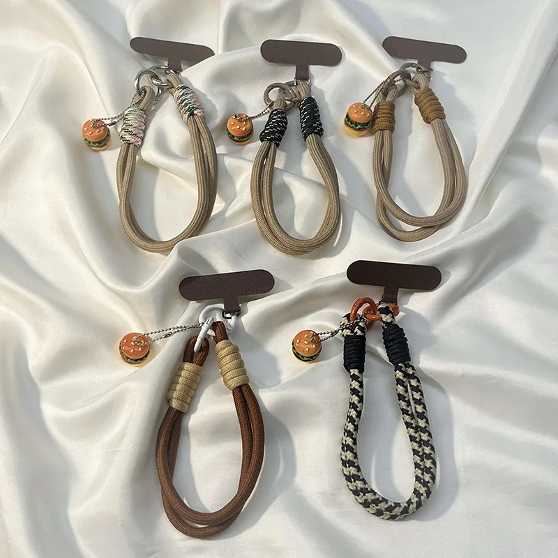 

Модный винтажный коричневый браслет — 3D-подвеска в виде гамбургера, нейлоновая оплетка ручной работы, короткий ремешок унисекс, подвеска для телефона с защитой от потери/ключей