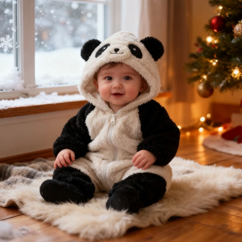 Panda Cartoon Baby Clothes Girl Boy Romper Long Sleeve Fleece Hooded Baby Girl Romper Winter Warm Newborn Clothes 0-18 Months