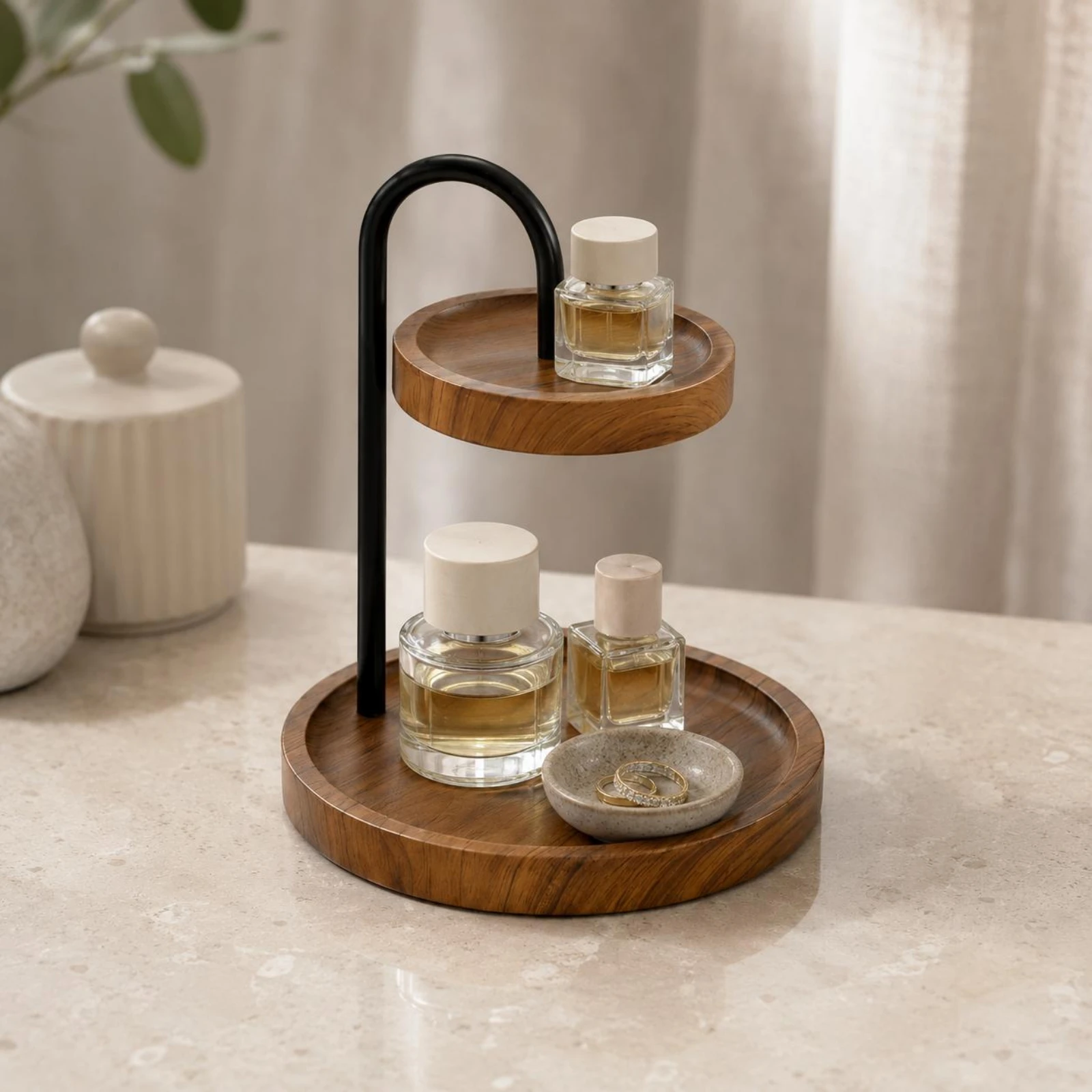 

Two-Tier Tabletop Rack Wood-Grain Finish Round Storage Rack Countertop Organizer Black Metal Tiered Shelf Stand Arched Support