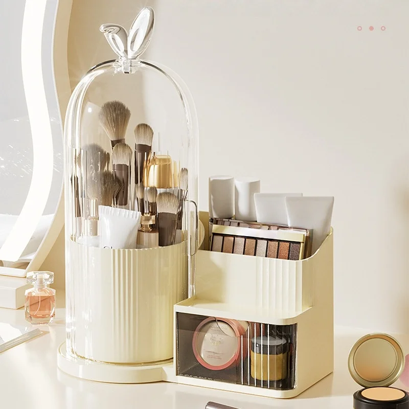 360 Rotating Makeup Organizer with Dustproof Cover Multi Layer Cosmetic Storage Box with Drawer for Vanity