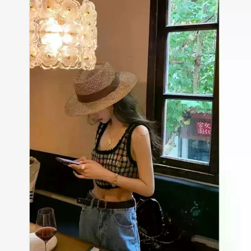 Hollow Weave Breathable Straw Boater Hat Handwoven Natural Straw Black Ribbon for Beach Wedding Bridal