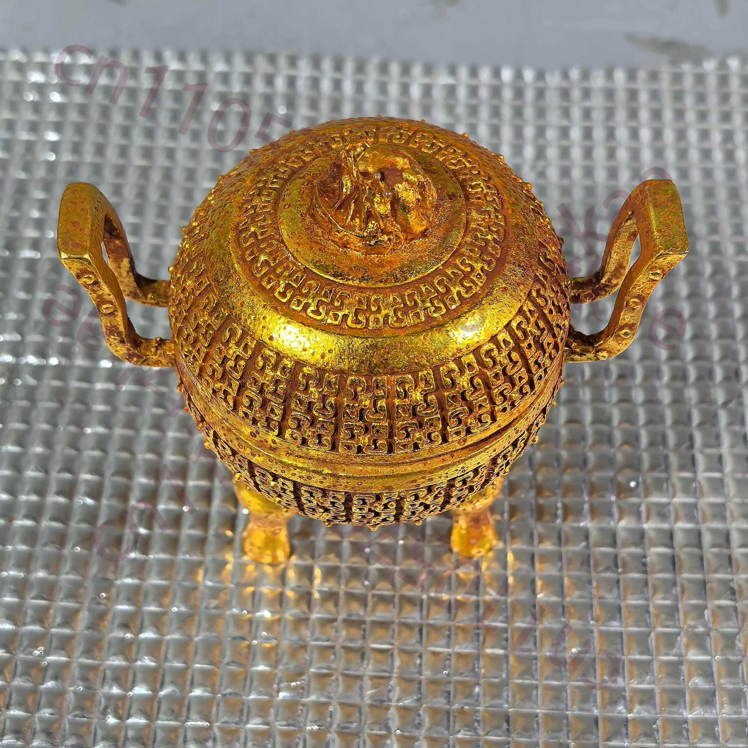 Chinese Folk Collection of copper ReliefGold colored tripod with double ears lid for incense burner decoration living room