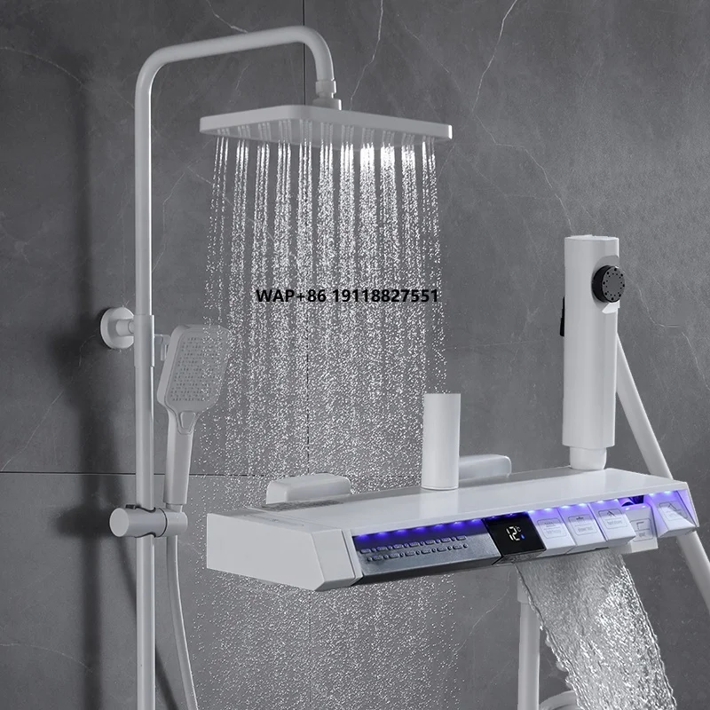 

Luxury Five Functions Brass White Shower Set Multifunctional Thermostatic with LED Display Rainfall Bathroom Shower Set