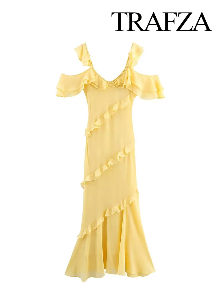 

HH Women Summer Beach Style Long Dress Yellow Square Collar Backless Tierred Decoration Female Fashion Sleeveless Dress