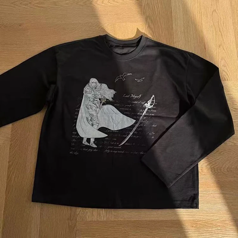 

Men's Harajuku Hip Hop Oversized Cotton T-Shirt round Neck Graphic Print Streetwear Gothic Long Sleeve Tops for Street Fashion