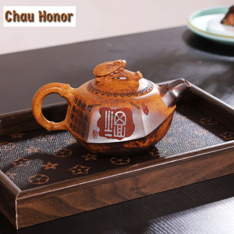 280ml Yixing Purple Clay Teapots Handmade Wood-fired Pot Raw Ore Dragon Bone Gold Sand  Mud Kettle Chinese Zisha Tea Set Gift