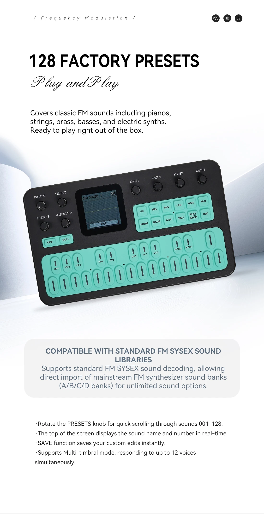 M-VAVE FM-1 (SK15) Green Sound Module with Keyboard –  27 Keys, 3-Channel MIDI (USB/Bluetooth/3.5mm), 12h Battery, TFT Display