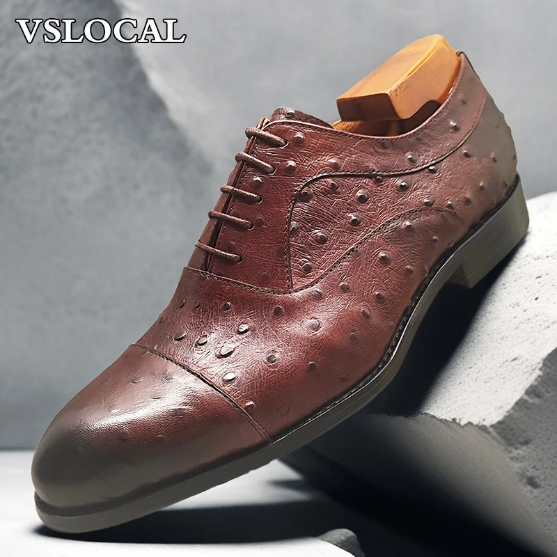 

Luxury Brand Men Leather Oxford Shoes Black Brown Ostrich Print Lace up Casual Mens Dress Shoes Wedding Office Shoes Man
