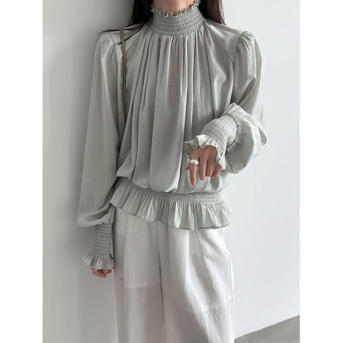 

Women Blouses Pleated Shirts Solid Puff Sleeves Half High Collar Slight Strech Wide Waisted Loose Fit Office Casual 2026 Spring