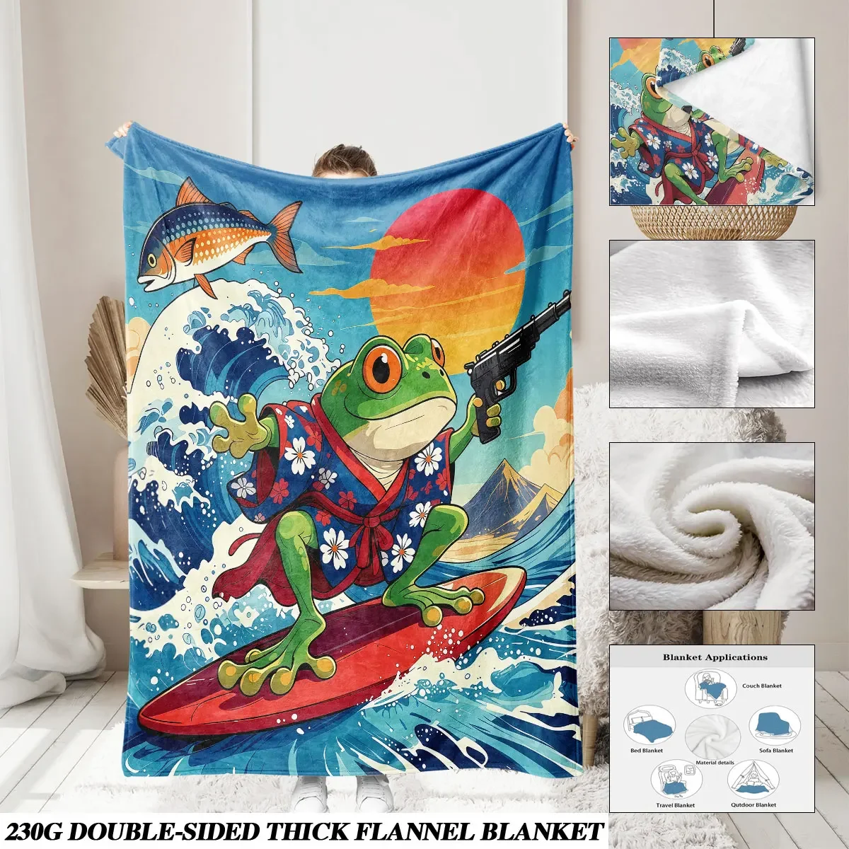 Kawaii Frog Samurai on Surfboard Anime Ocean Wave Throw Blanket Cozy Home Decor Gift 150x200cm