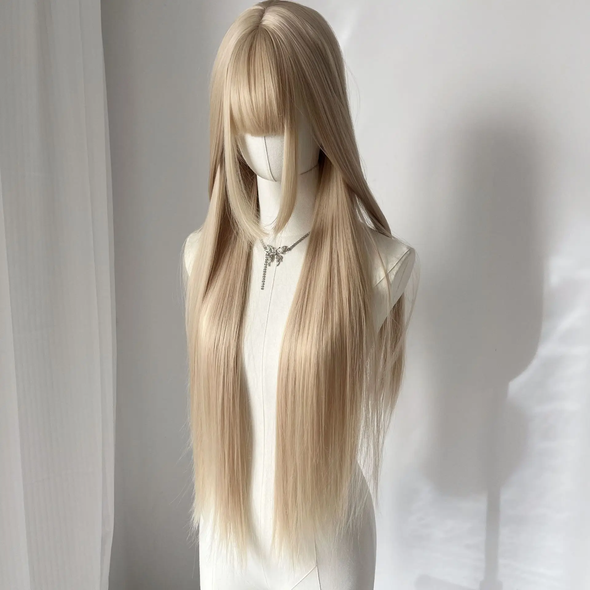 Weißgoldene Perücke weiblich 85 cm langes glattes Haar helle Farbe weibliche Gruppe Haarfarbe natürliche Simulation ganze Oberseite Vollkopfperücke Cov