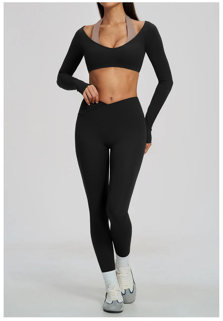 Yoga-Set 2-teilig, Fitnessbekleidung, Trainingsanzug, Lauf-Sportbekleidung, Outfit, hochtailliert, weites Bein, langärmeliges Crop-Top – Detail 24
