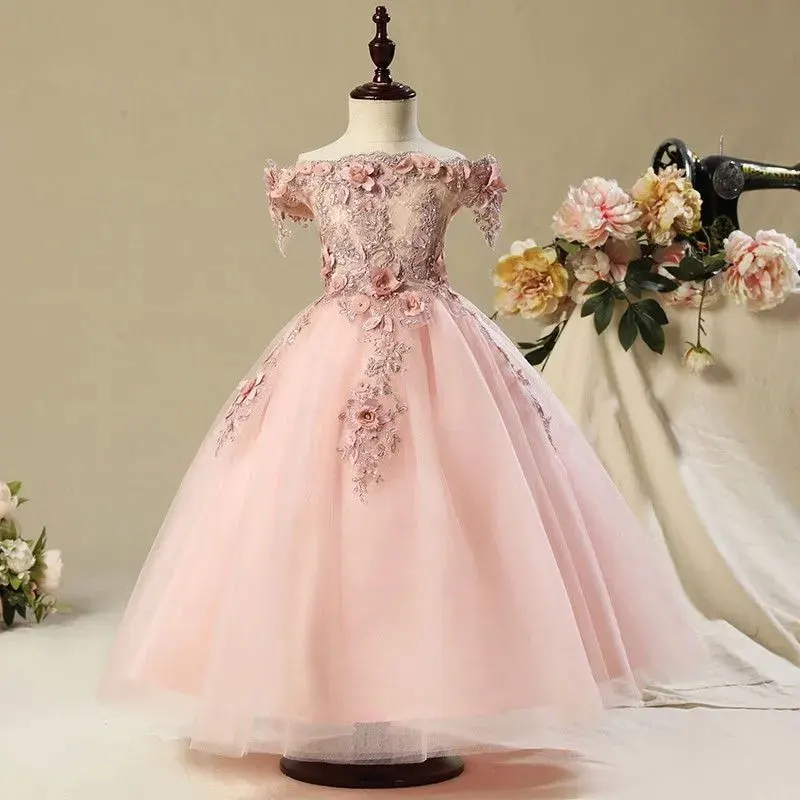 

Chic Off the Shoulder Pink Princess Flower Girls Dress For Wedding 3D Floral Appliqued Lace Formal Wear Beads Long Pageant Dress