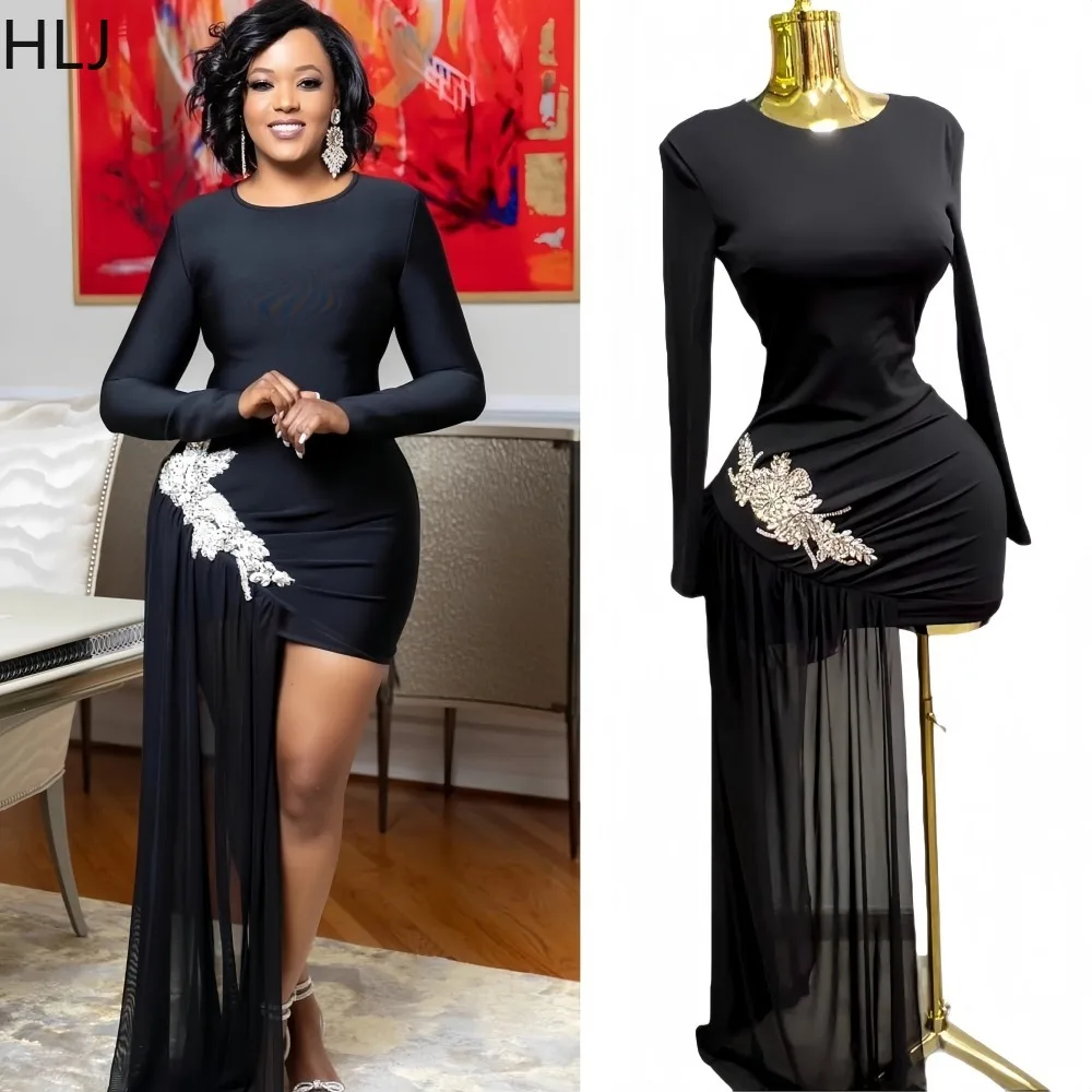 HLJ Sexy Rhinestone Patchwork Bodycon Dresses Woman Solid Color Long Sleeves Tassel Dress Female Party Clubwear Vestidos 2025