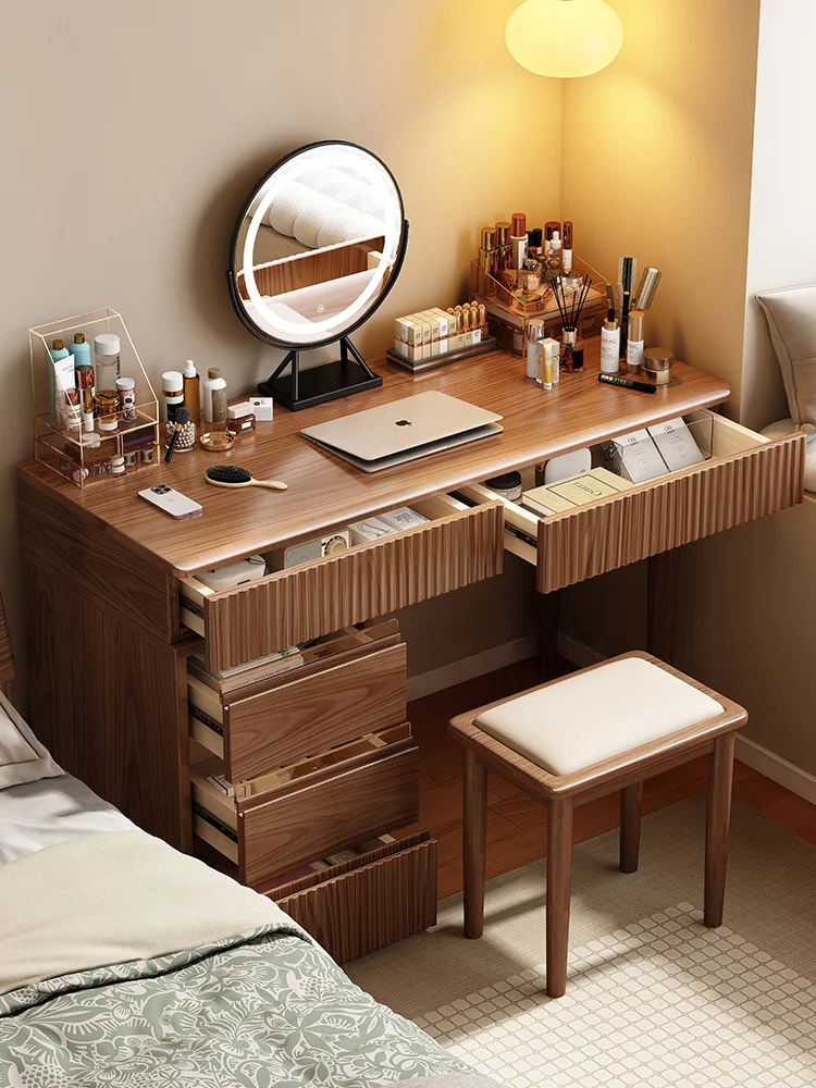Japanese Style Solid Wood Makeup Vanity With LED Light Dressing Table Bookcase Desk Combo Storage Cabinet for Small Bedroom