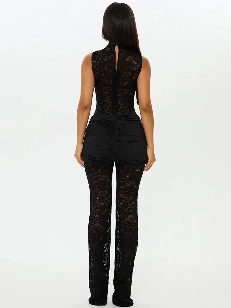 Lace See Through Sexy Jumpsuits Women Rompers Elegant Hollow Out Sleeveless High Waist Ruched Club Party Jumpsuit