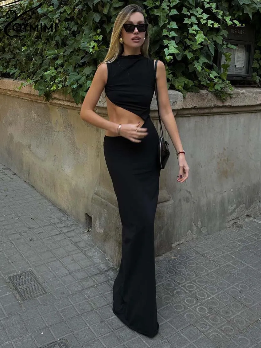 Oymimi Fashion Black O-Neck Dresses For Women 2024 Casual Sleeveless Hollow Out Slim Dresses Elegant Straight Floor-Length Dress