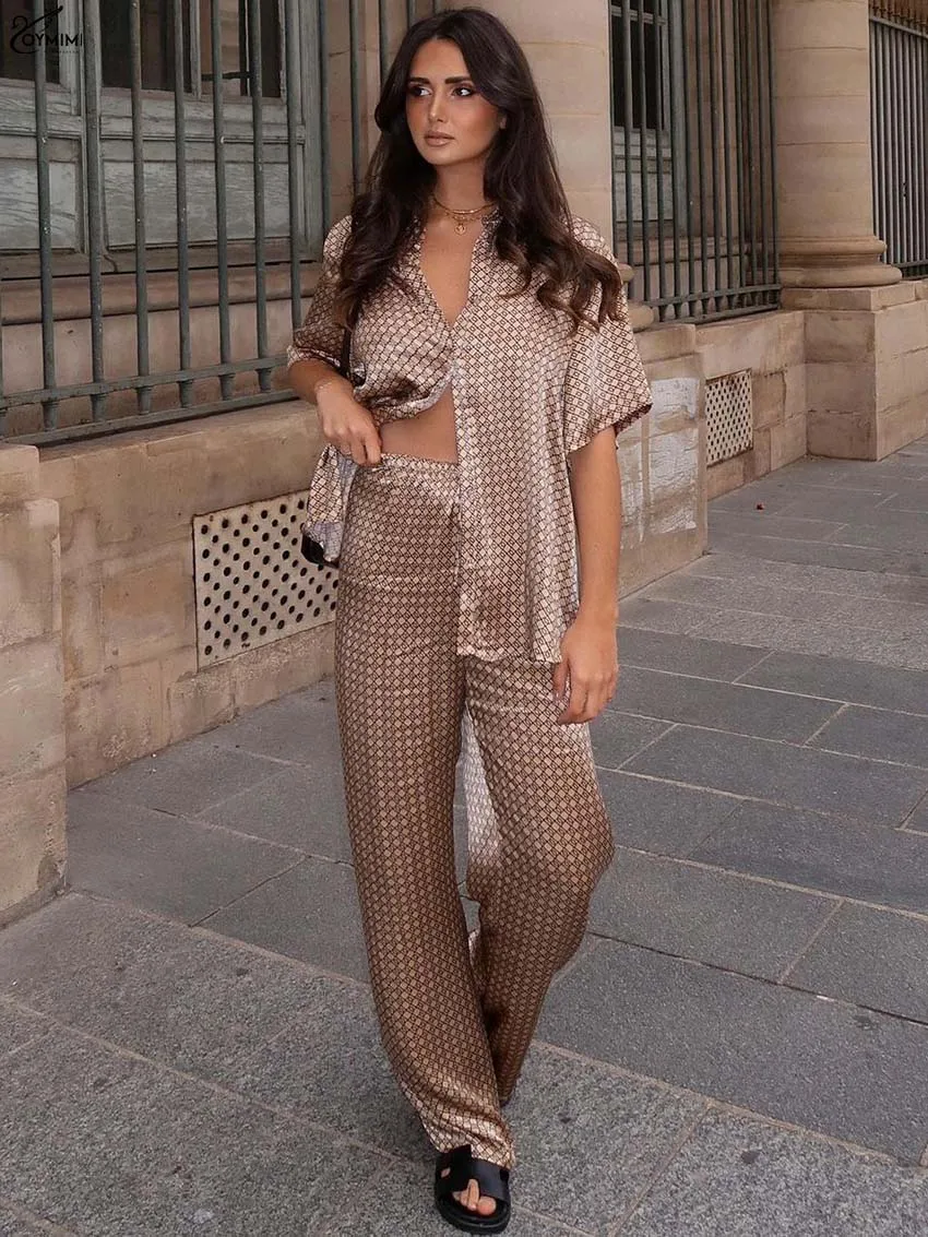 

Oymimi Fashion Brown Print Two Piece Outfits Woman Elegant Lapel Half Sleeve Button Shirts And High Waist Straight Trousers Sets