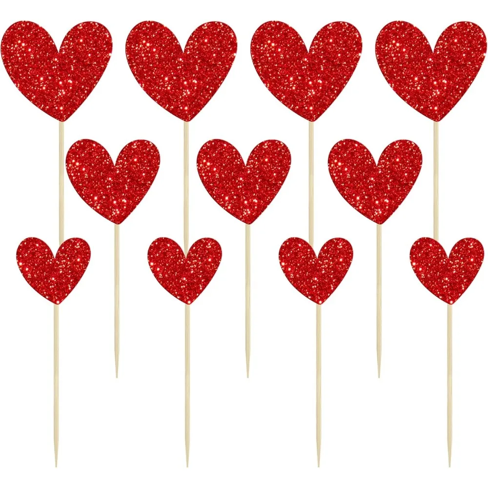 24 Stück rote glitzernde Herz-Cupcake-Topper, Valentinstag und Hochzeit, Verlobung, Geburtstag, Party-Dekoration – Detail 3