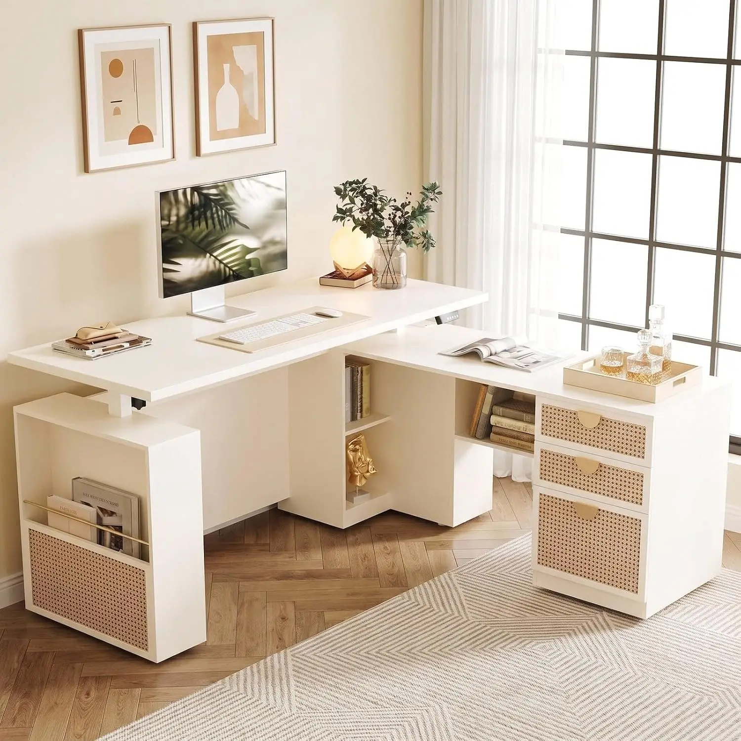 L Shaped Electric Standing Desk with Privacy Panel 63 Inch, Customized