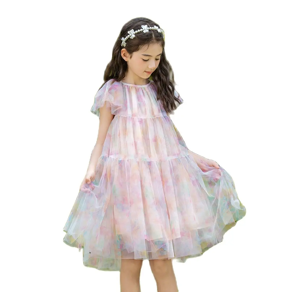 Sweet Kids Girl Summer Dress O-Neck Flying Sleeves Colorful Printed Tulle Vestidos Wedding Party Children\'s Dresses Outfit