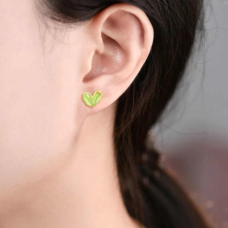 Spinach Green Natural Old Material Hotan Jade Jasper Heart shaped Earrings Women's S925 Silver Jadeite Set Simple Jewelry 5
