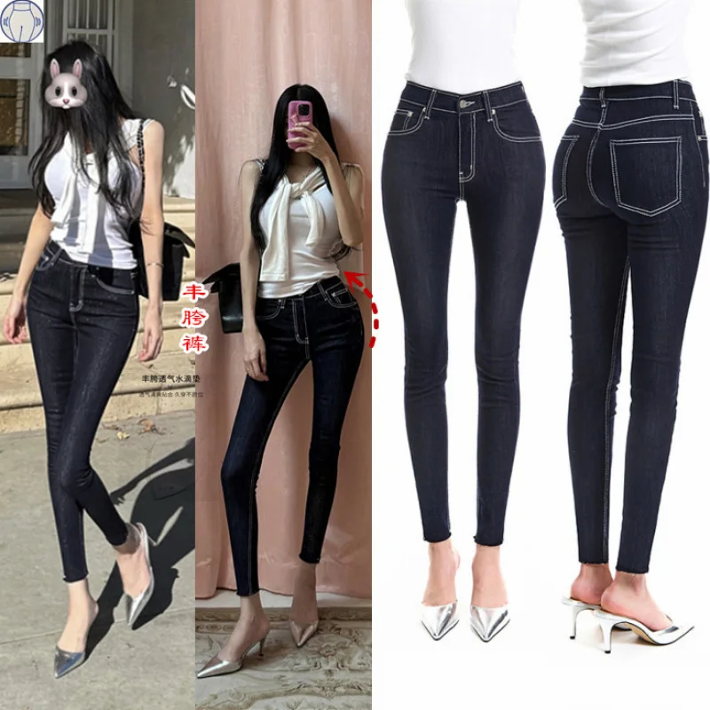 

Женские джинсы в корейском стиле, облегающего кроя, с темной контрастной строчкой, простым и элегантным дизайном с высокой талией, укороченные, в стиле корейской манги.