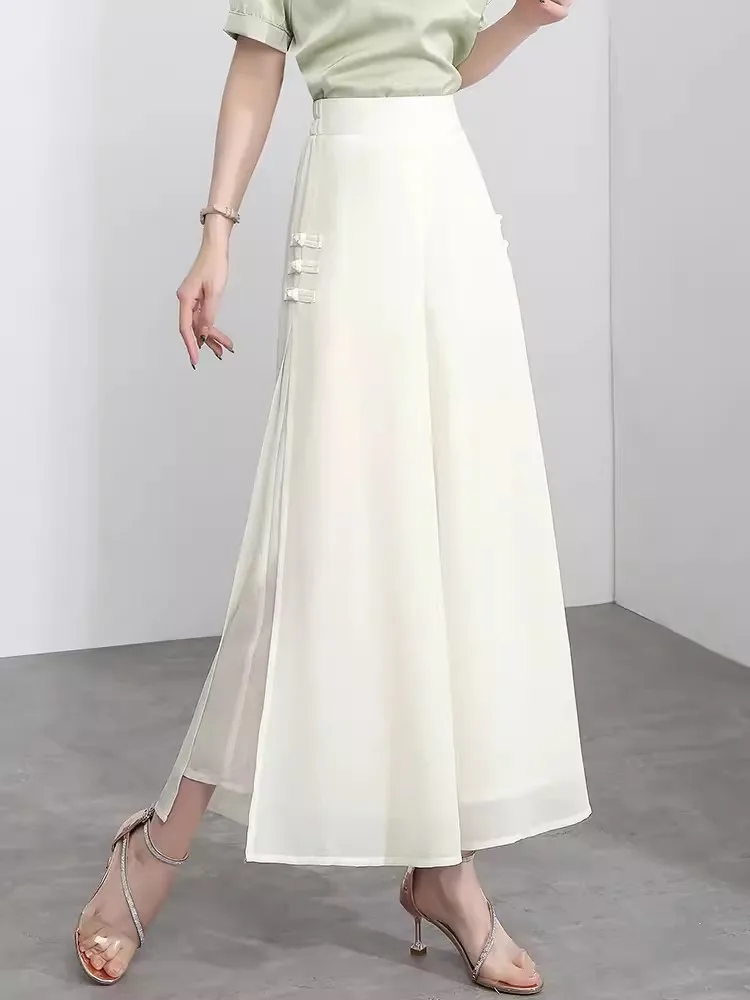 White Chiffon Wide Leg Pants Women Summer Thin Skirt Nine Points New Chinese Style National Trend Slit Pants Draping Skirt Pants