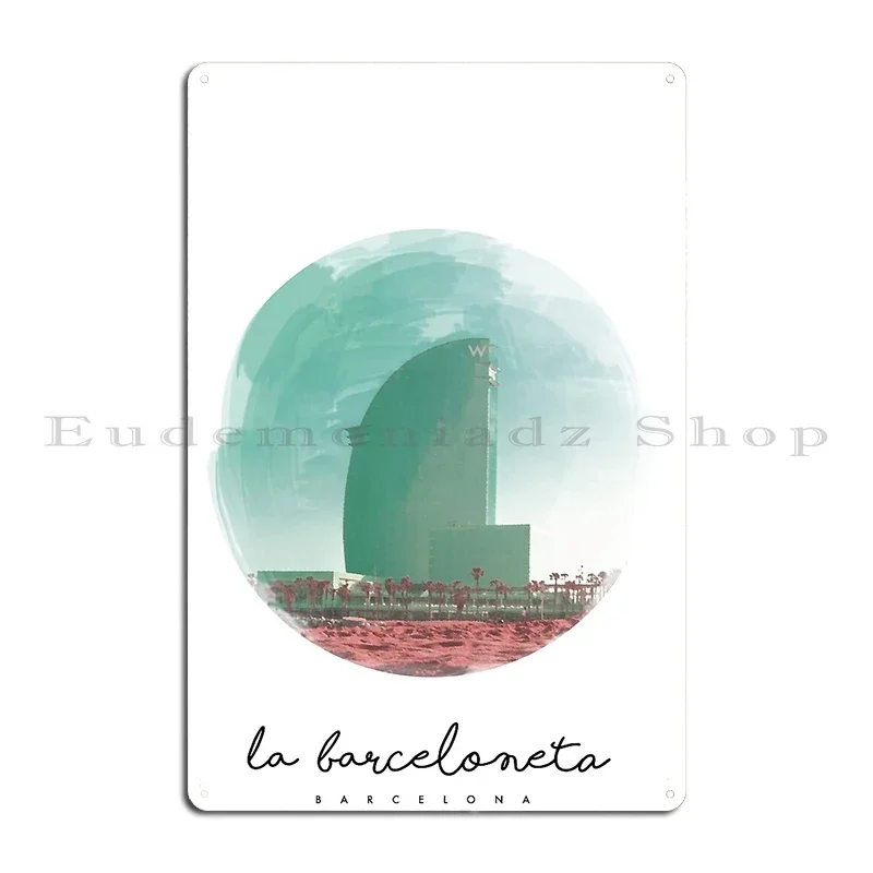 Barcelona La Barceloneta Spain Watercolour Metal Plaque Poster Retro Wall Decor Iron Design Kitchen Tin Sign Poster