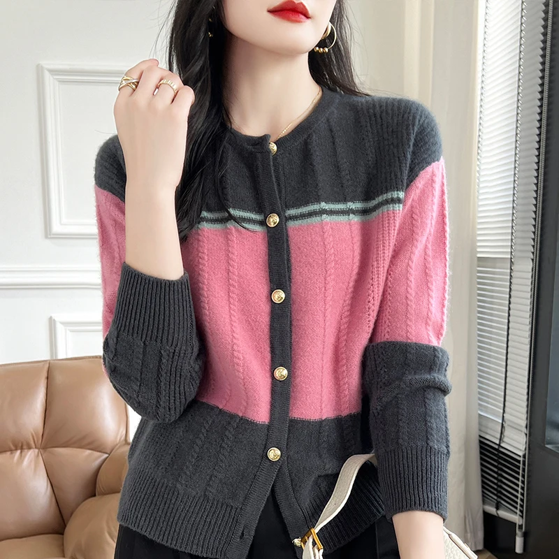 Autumn Winter Contrasting Sweater 100% Wool Women\'s Round Neck Knitted Cardigan Casual Large Size Fashion Korean Clothing Tops