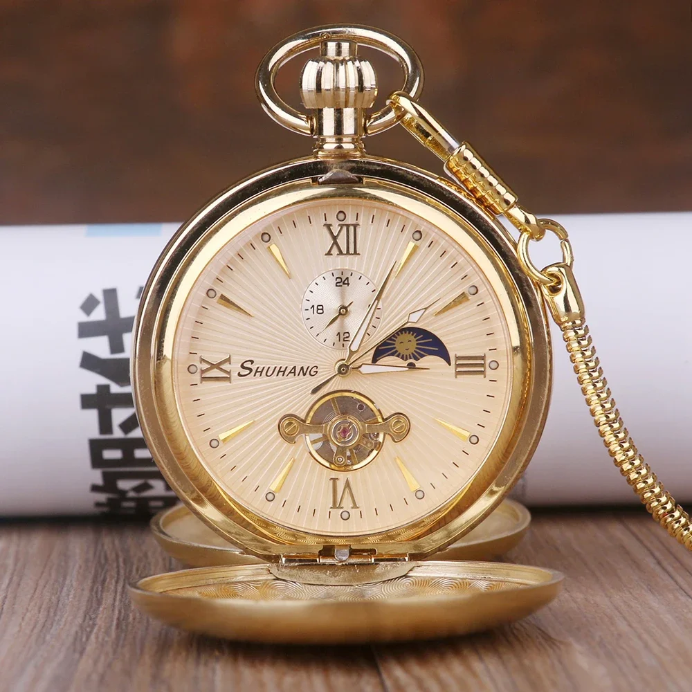 

High Quality Golden Moon Phase Mechanical Pocket Watch Roman Number Tourbillon Dial Pendant Chain Men Women Gifts For Dad