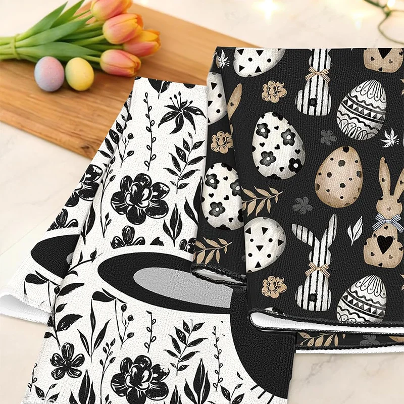 2Pcs, Easter Black and White Bunny Egg Kitchen Towels, 40Cm*60Cm Towel Set, Super Absorbent Soft Cleaning Cloth, Cooking and Baking Tea Towel, Hand Towel, Cleaning Cloth, Dishcloth, Kitchen Decoration, Living Room Decorations, Kitchen Essentials, Home Essentials