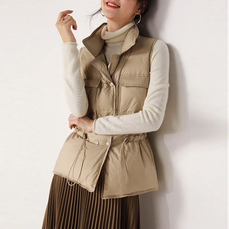 Double breasted Down Waistcoat Jacket Women Drawstring Light Thin White Duck Down Vest Winter Lady Short Sleeveless Warm Coat