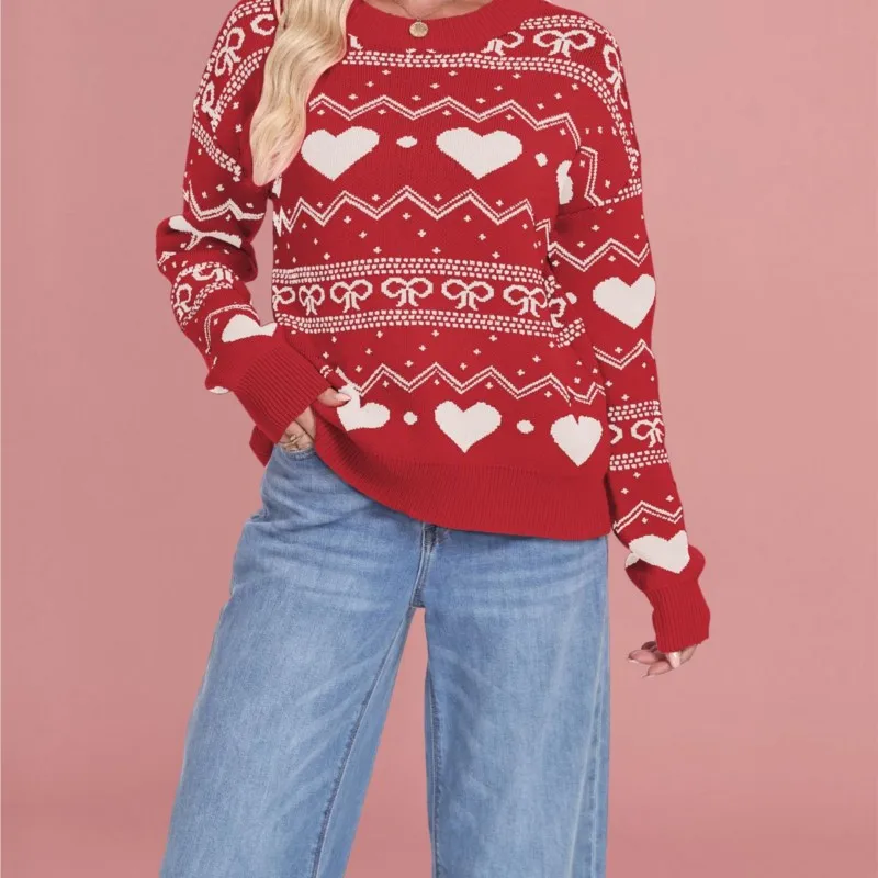

Love Long Sleeves Sweater Christmas Casual Jacquard Knitted Winter Clothes Solid Color Leisure Round Neck Woman Pullovers