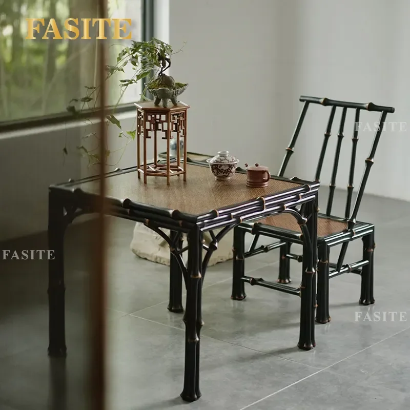 For Chinese Retro Bamboo Coffee Table Small Square Tea Table with Backrest Chair Natural Material Living Room Balcony