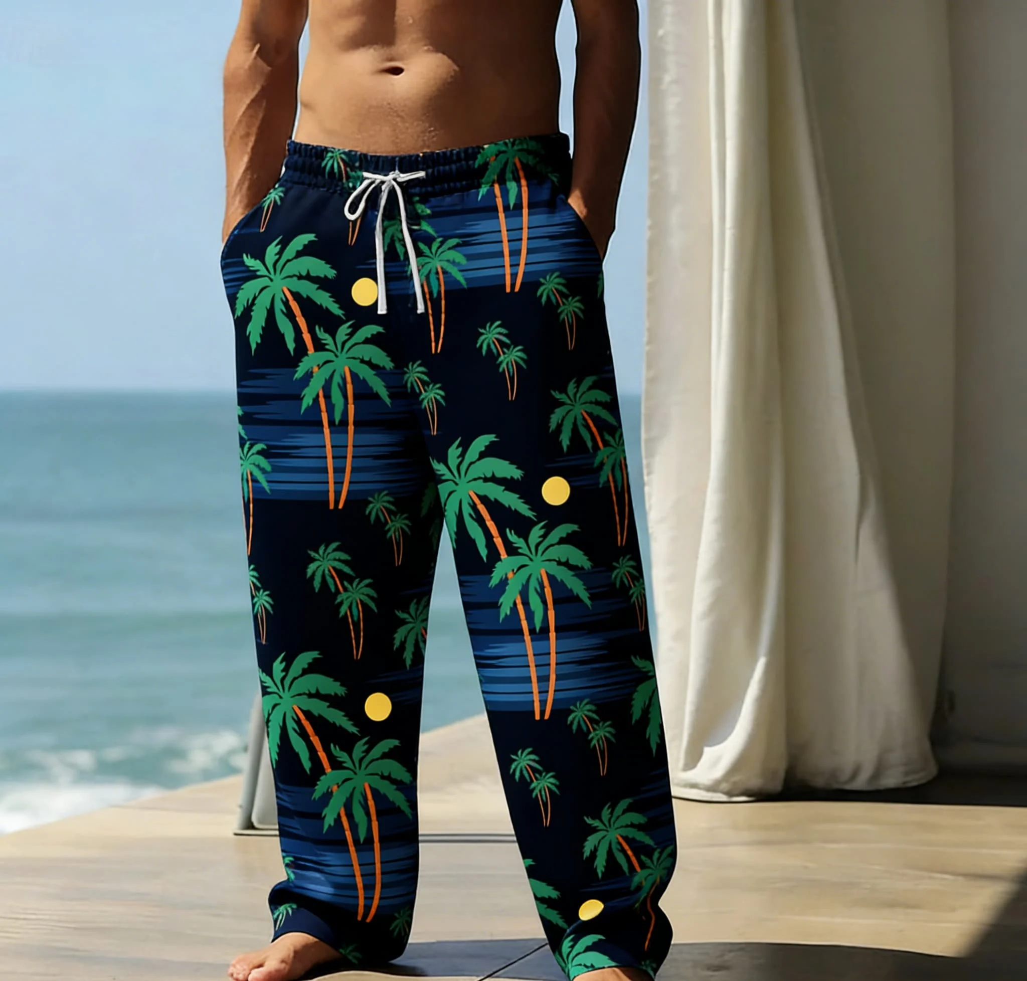 Men's Summer Thin Casual Versatile Hawaiian Tropical Print Beach Pants Wide Leg Pants