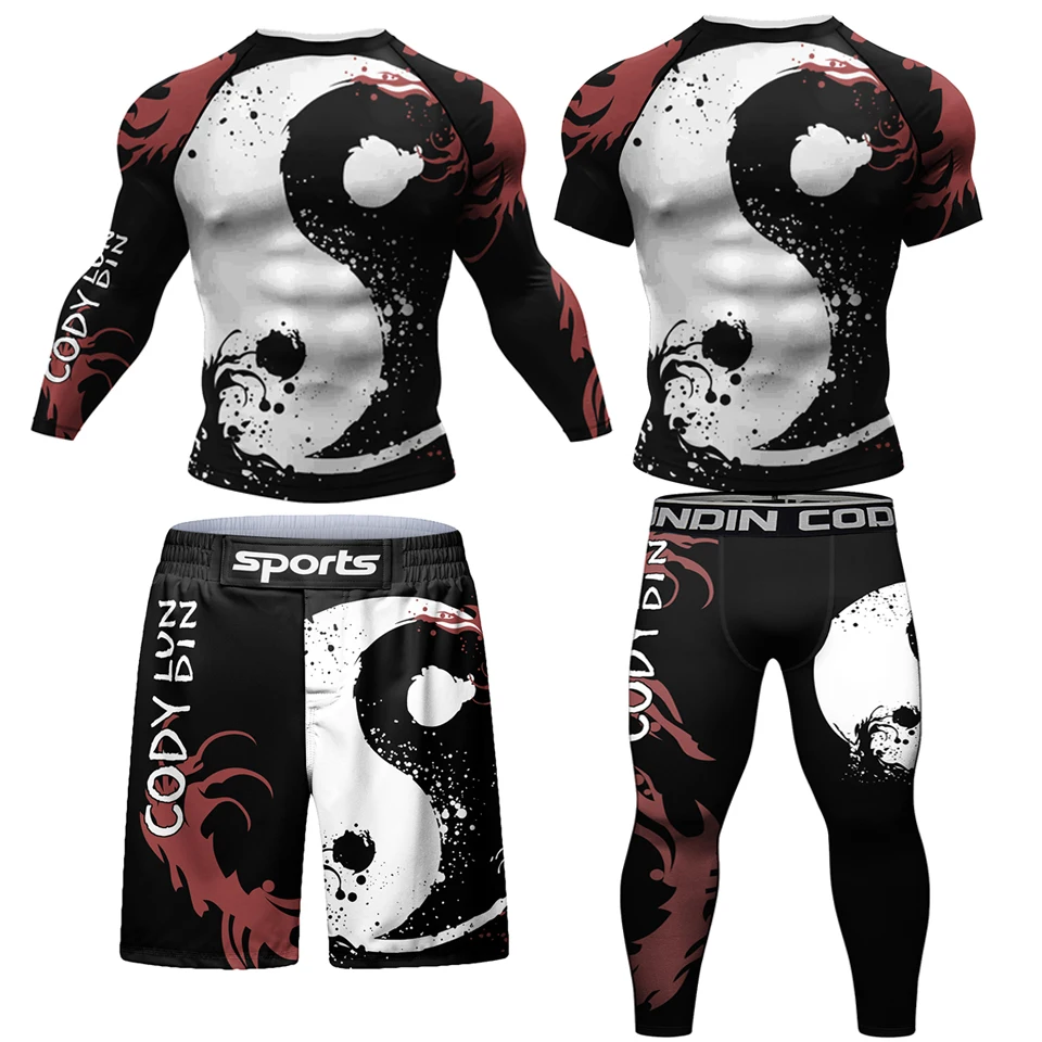 MMA BJJ Rashguard T Shirts+Pants Set Jiu Jitsu Rash Guard Tracksuit Boxing Jerseys Muay Thai Compression Men Kickboxing Clothes