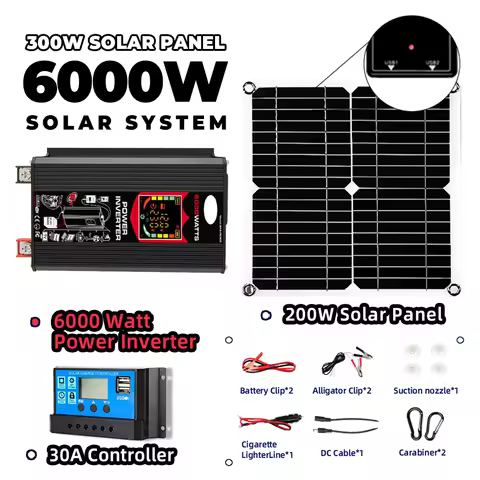 Off Grid Solar System for Home 6000W 220v Inverter 30A Controller 5V Solar Panel Full Set for House Camping For Car RV