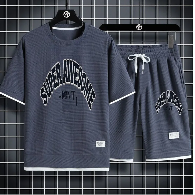 

2025 summer Waffle Sports T-shirts+shorts sets Thin Leisure Outfit Set for Men Casual Streetwear Fashionable Design Bend letters