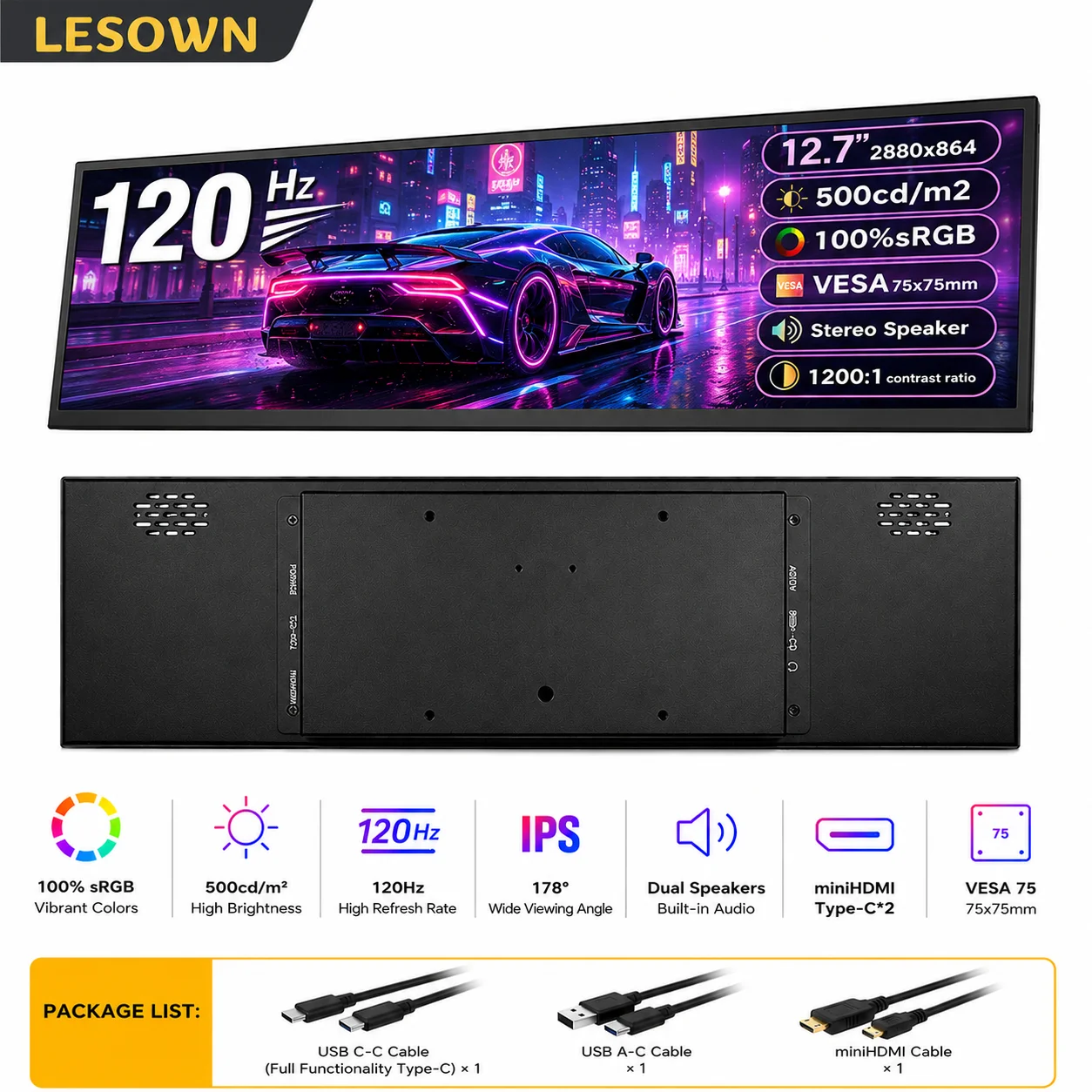 LESOWN 12.7 Inch Ultra-wide Portable Display 500cd/m2 Travel Screen with Type-C for Business Travel