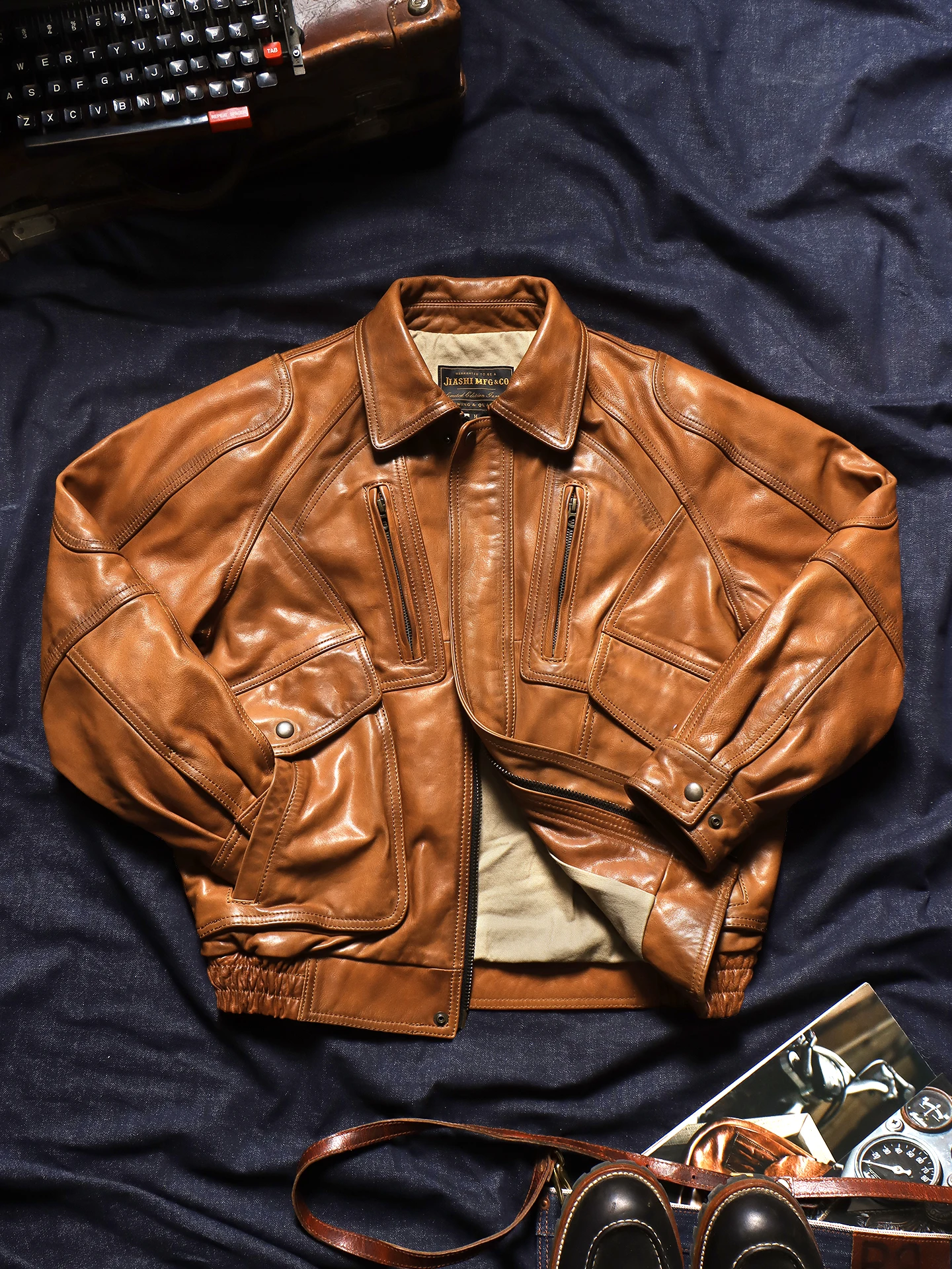 Tailor Brando 90s Retro Oversized Men's Full-Grain Hand-Aged Vegetable-Tanned Calfskin Genuine Leather Jacket