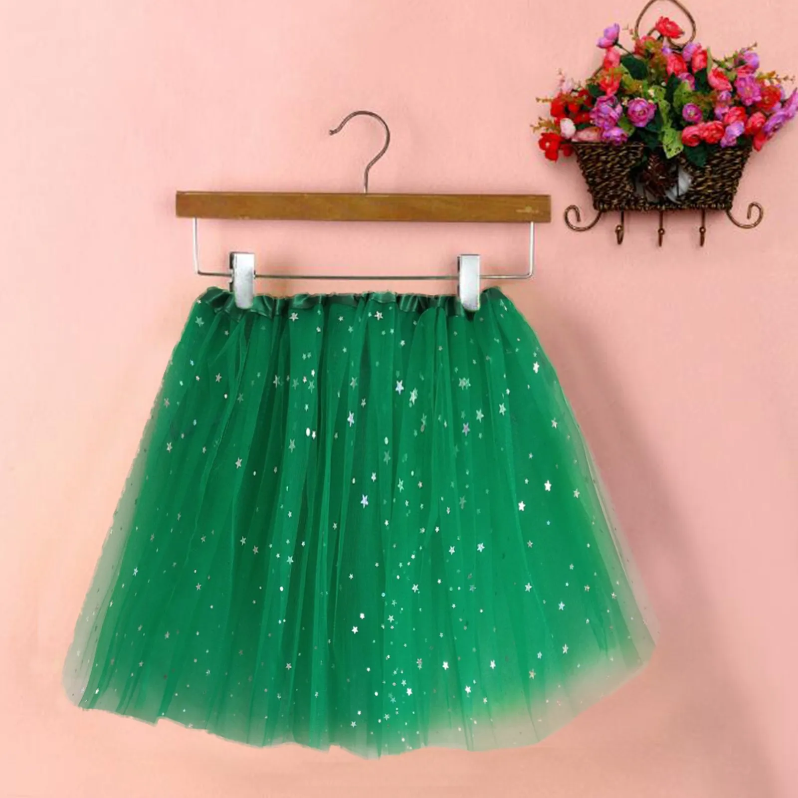 Adult Dancing Skirts Woman's Short Half Bodies Skirts Sequin Mesh Fluffy Pleated Skirt Solid Color Elastic Waist Short Skirt