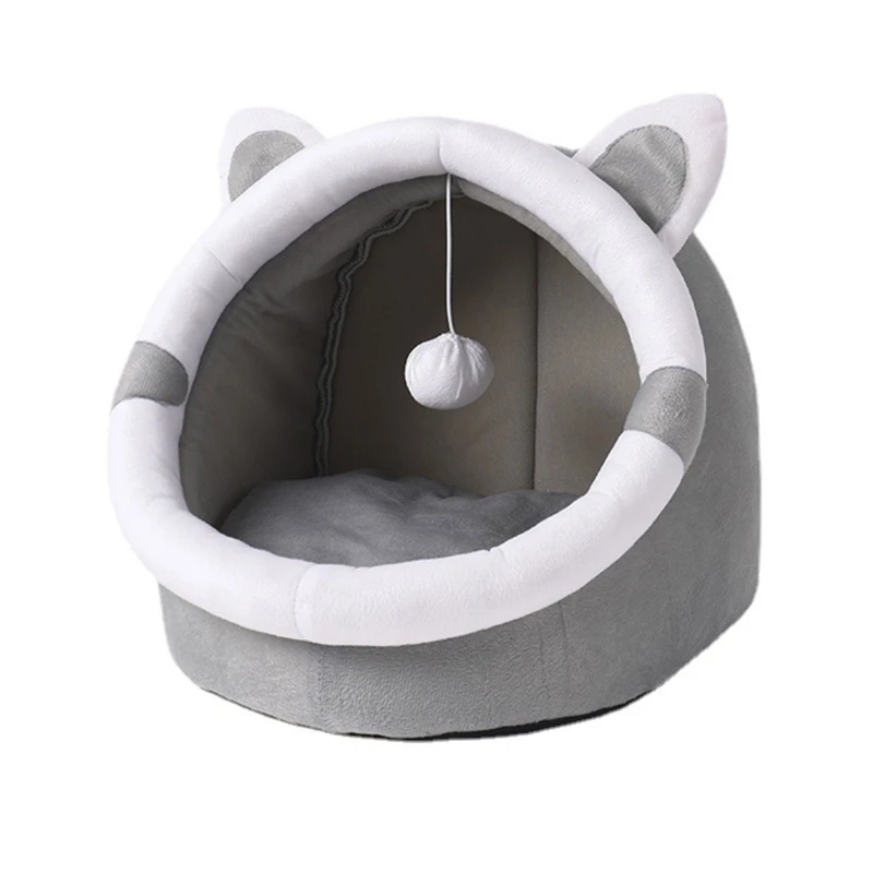 Bed with Teaser Ball Nest Pet House Thicken Cushion Sleeping Bed Antislip Kitten Warm Half Enclosed Dropship