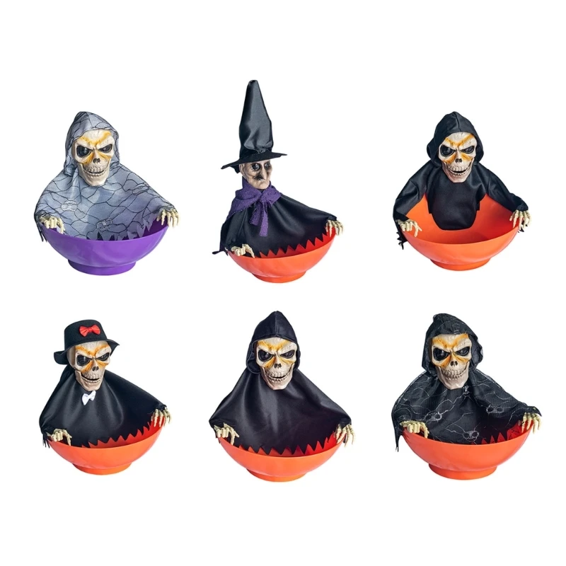 KX4B Spooky Skeleton Candy Holder ชามขนมที่มีดวงตาสีแดงสว่างขึ้นและชิ้นส่วนที่เคลื่อนไหวสำหรับการตกแต่งวันฮาโลวีน